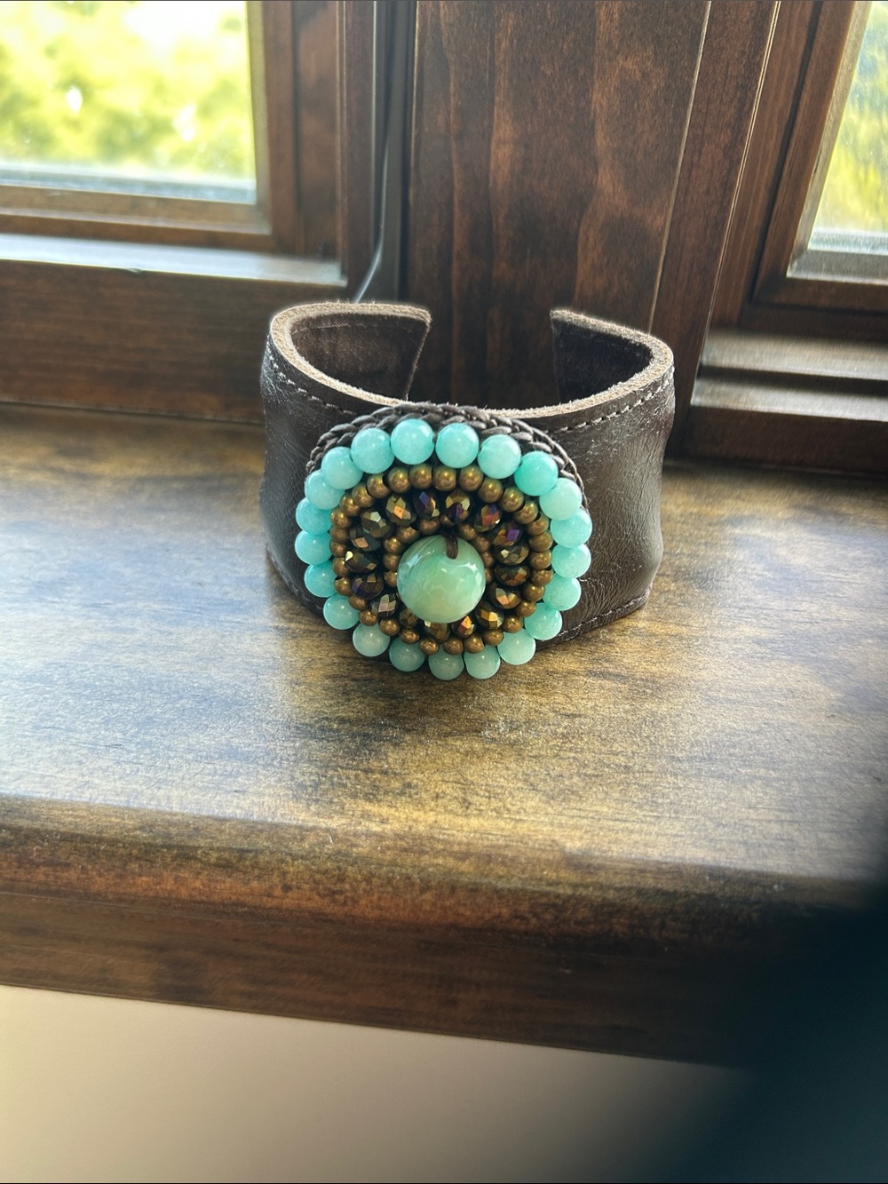 Turquoise Beaded Leather Cuff Bracelet - Unbranded